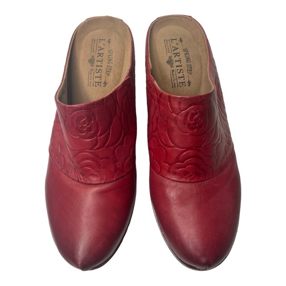 Spring Step L’Artiste Bande Women’s Red Leather Embossed Heeled Mules - Picture 10 of 10